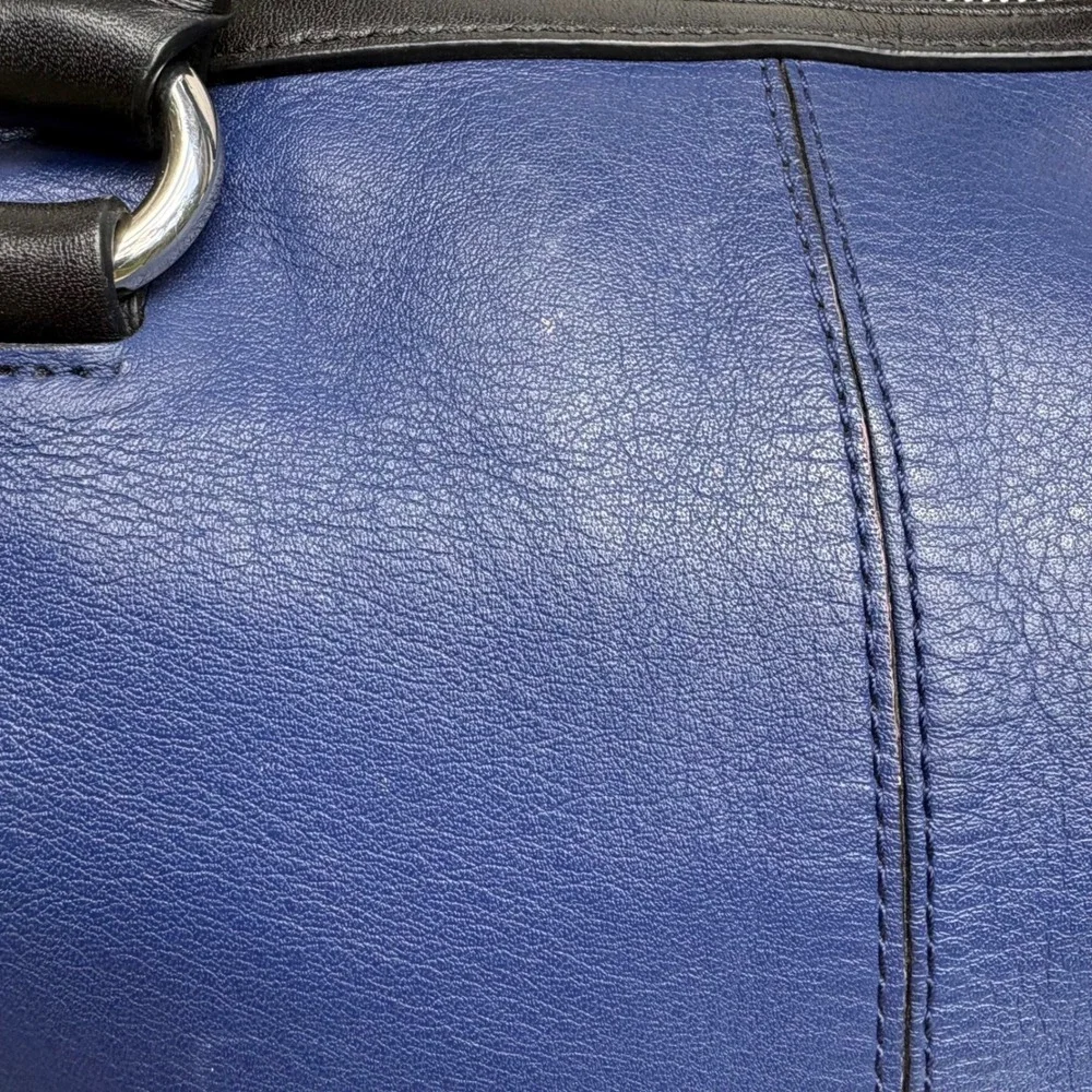 Karen Millen Satchel Bag OS Blue Black Leather Colorblock Tote Purse Quiet Luxuy
